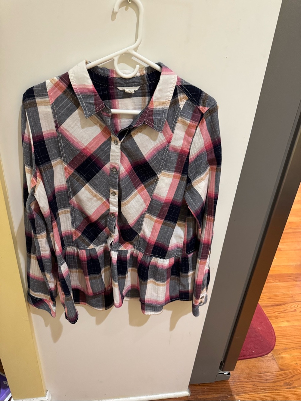 Caslon Pink Navy Cream Plaid Button-Down Peplum Top